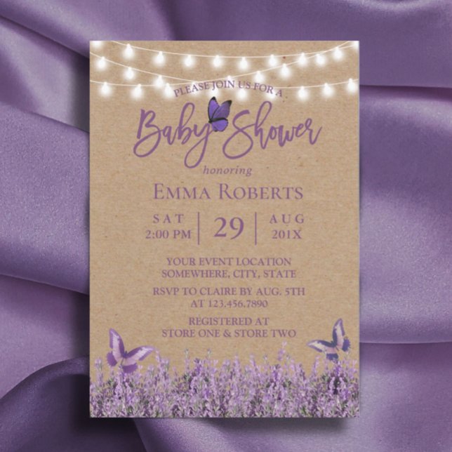 Invitación Mariposa floral de Lavanda Rústica Kraft Baby Show (Subido por el creador)