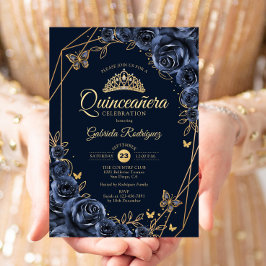 Invitación Mariposa floral de oro azul de la Marina Quinceane