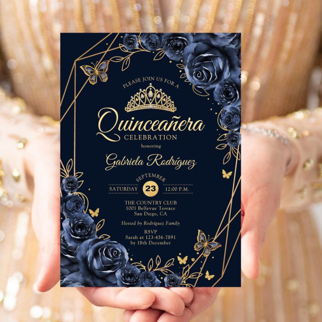 Invitación Mariposa floral de oro azul de la Marina Quinceane (Subido por el creador)