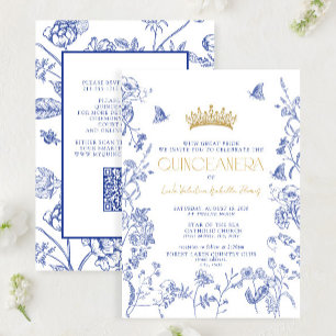 Invitación Mariposa floral de oro azul real QR Quinceañera