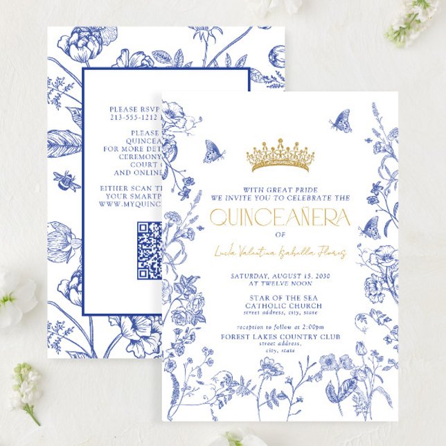 Invitación Mariposa floral de oro azul real QR Quinceañera (Subido por el creador)