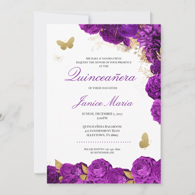Invitación Mariposa floral de oro morado elegante Quinceañera (Anverso)