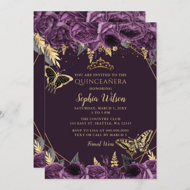 Invitación Mariposa floral de oro morado Quinceañera (Anverso / Reverso)