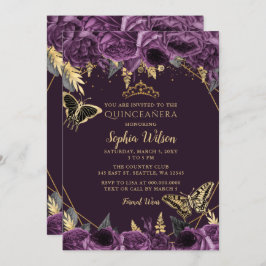 Invitación Mariposa floral de oro morado Quinceañera