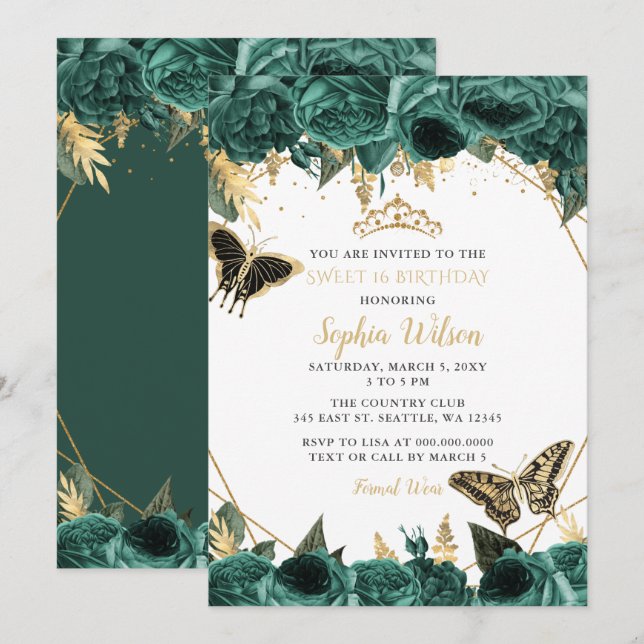 Invitación Mariposa floral de oro verde esmeralda 16 (Anverso / Reverso)