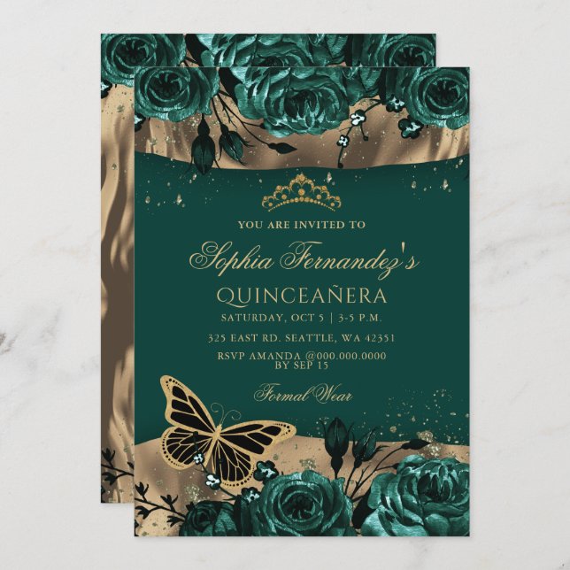 Invitación Mariposa floral de oro verde esmeralda Quinceañera (Anverso / Reverso)