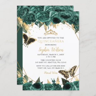 Invitación Mariposa floral de oro verde esmeralda Quinceañera