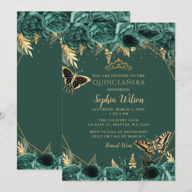 Invitación Mariposa floral de oro verde esmeralda Quinceañera (Anverso / Reverso)