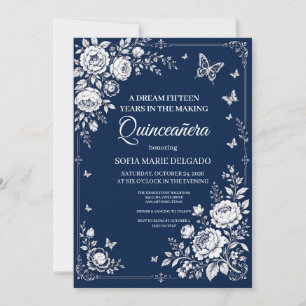 Invitación Mariposa Floral de Plata Azul Medianoche Quinceañe