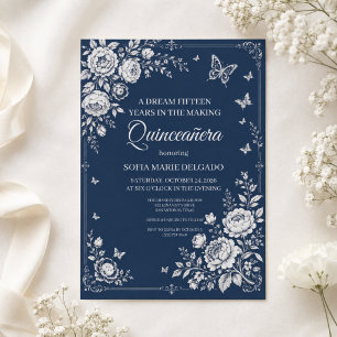 Invitación Mariposa Floral de Plata Azul Medianoche Quinceañe