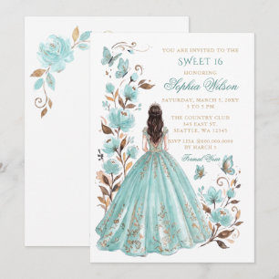 Invitación Mariposa floral dorada turquesa Princesa Sweet 16