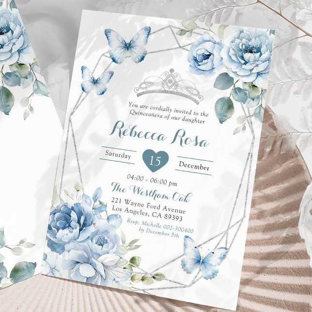 Invitación Mariposa Floral Dusty Blue Silver Quinceañera (Subido por el creador)