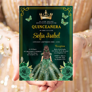 Invitación Mariposa Floral Esmeralda Verde Oro Quinceanera