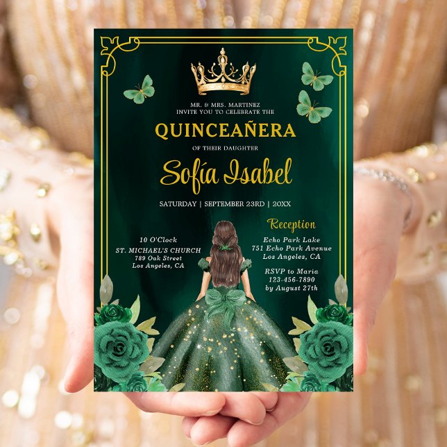 Invitación Mariposa Floral Esmeralda Verde Oro Quinceanera (Subido por el creador)