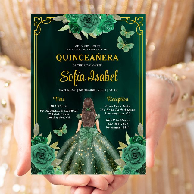 Invitación Mariposa Floral Esmeralda Verde Oro Quinceanera (Subido por el creador)