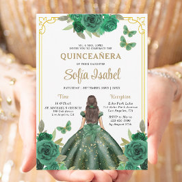 Invitación Mariposa Floral Esmeralda Verde Oro Quinceanera