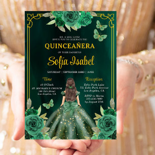 Invitación Mariposa Floral Esmeralda Verde Oro Quinceanera
