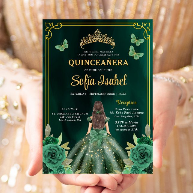 Invitación Mariposa Floral Esmeralda Verde Oro Quinceanera (Subido por el creador)