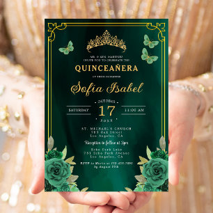 Invitación Mariposa Floral Esmeralda Verde Oro Quinceanera