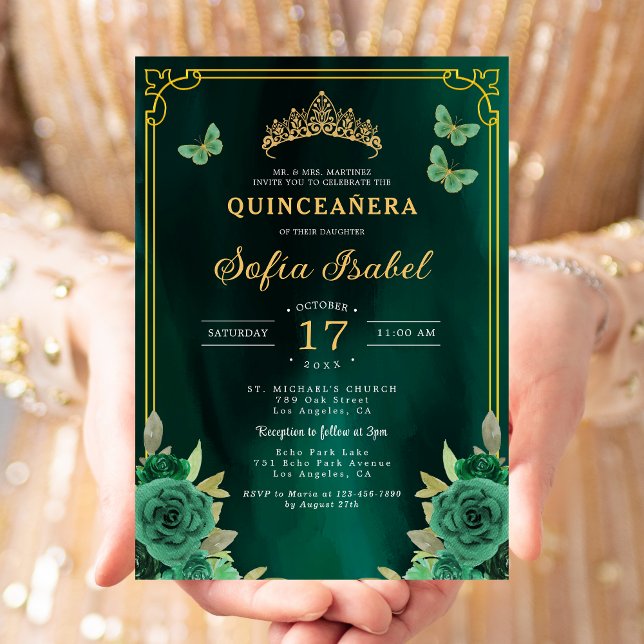 Invitación Mariposa Floral Esmeralda Verde Oro Quinceanera (Subido por el creador)