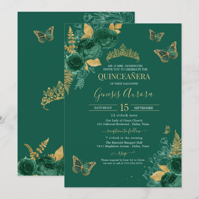 Invitación Mariposa floral Esmeralda Verde y Oro Quinceañera (Anverso / Reverso)