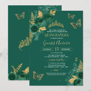 Invitación Mariposa floral Esmeralda Verde y Oro Quinceañera