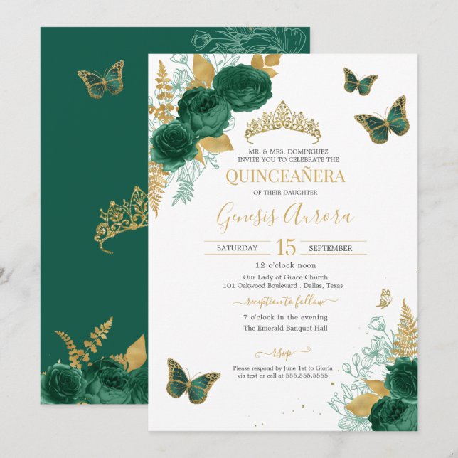 Invitación Mariposa floral Esmeralda Verde y Oro Quinceañera (Anverso / Reverso)