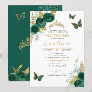 Invitación Mariposa floral Esmeralda Verde y Oro Quinceañera