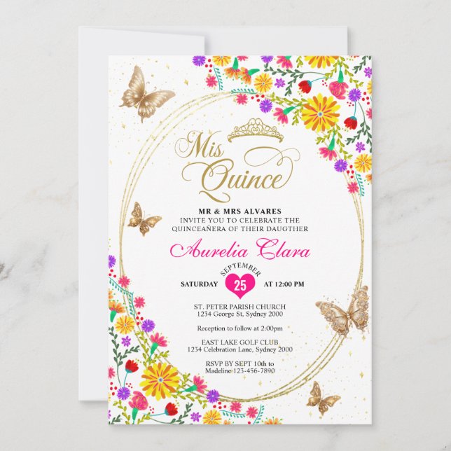 Invitación Mariposa Floral Mexicana Tiara Quinceañera (Anverso)