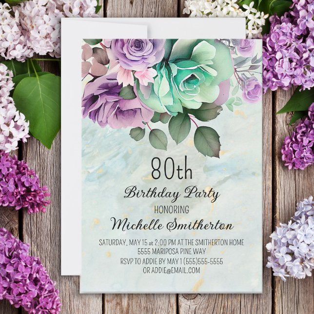 Invitación Mariposa floral Mint Green Purple Floral 80 cumple (Subido por el creador)