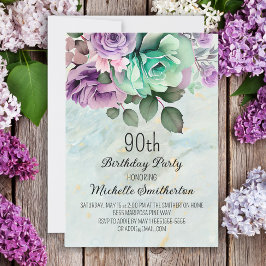 Invitación Mariposa floral Mint Green Purple Floral 90 cumple