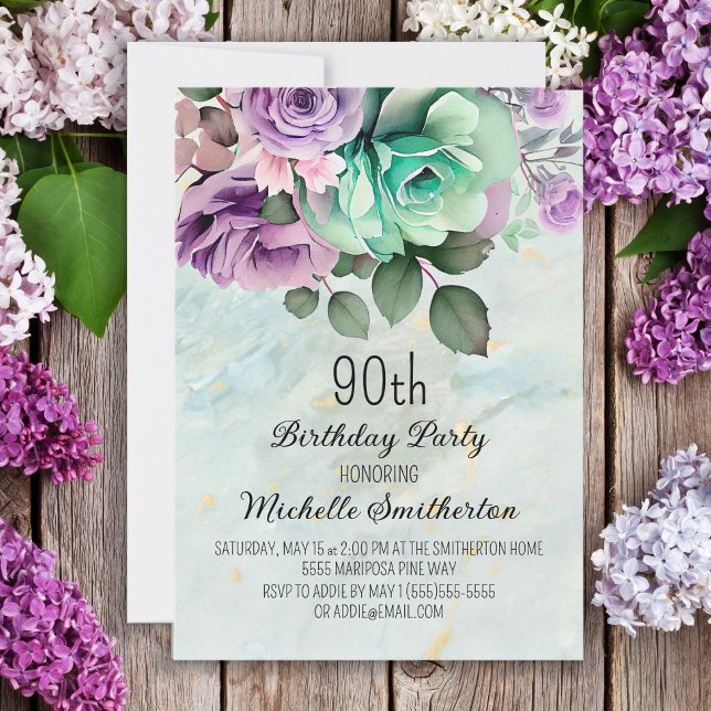 Invitación Mariposa floral Mint Green Purple Floral 90 cumple (Subido por el creador)