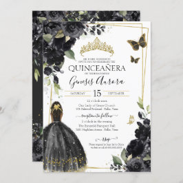 Invitación Mariposa floral negra de Quinceañera, Chica vestid