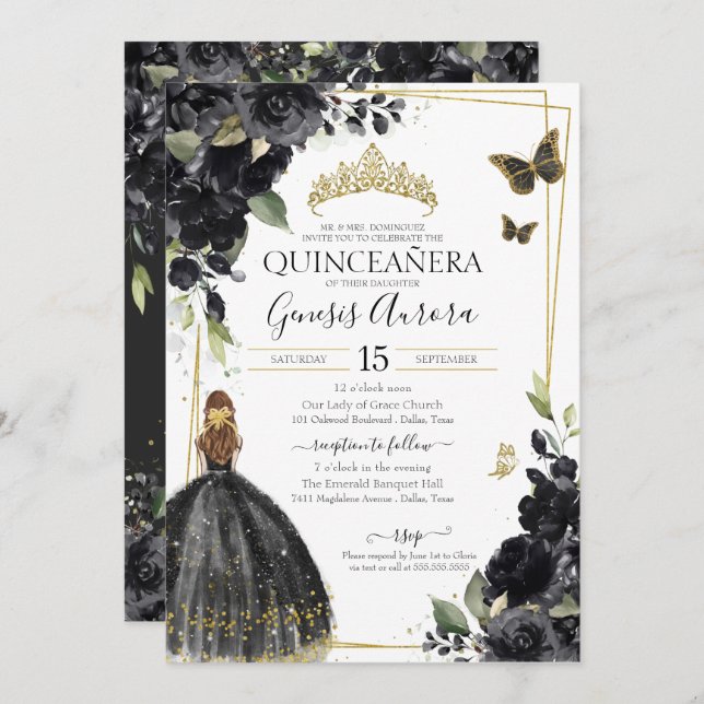 Invitación Mariposa floral negra de Quinceañera, Chica vestid (Anverso / Reverso)