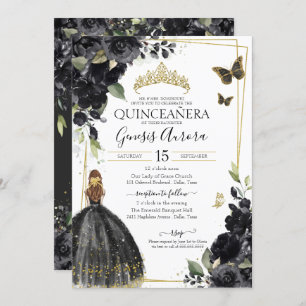 Invitación Mariposa floral negra de Quinceañera, Chica vestid