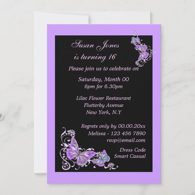 Invitación Mariposa floral negra morada PERSONALIZAR (Anverso)