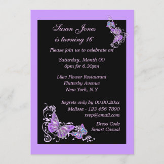 Invitación Mariposa floral negra morada PERSONALIZAR