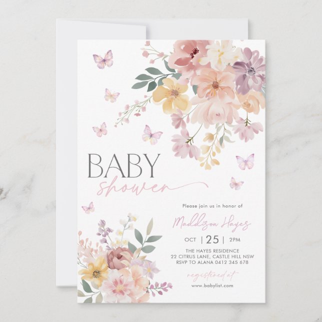 Invitación Mariposa Floral Peach Pink Purple Baby Shower (Anverso)