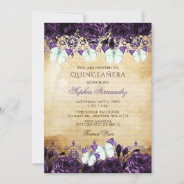 Invitación Mariposa Floral Púrpura Vintage Quinceañera