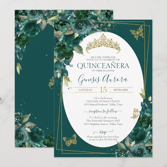 Invitación Mariposa floral Quinceañera Emerald Green & Gold (Anverso / Reverso)