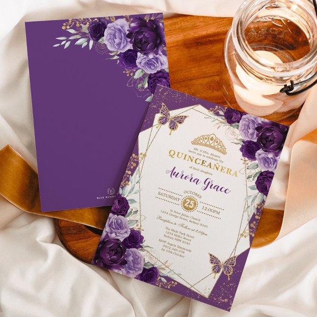 Invitación Mariposa Floral Quinceañera Violeta Oro Geométrico (Subido por el creador)