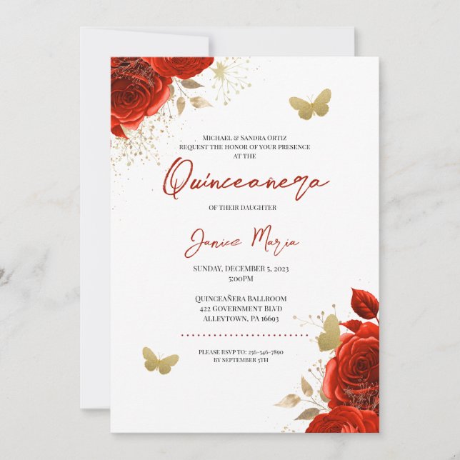 Invitación Mariposa floral roja y dorada elegante Quinceañera (Anverso)