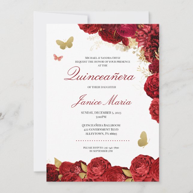 Invitación Mariposa floral roja y dorada elegante Quinceañera (Anverso)