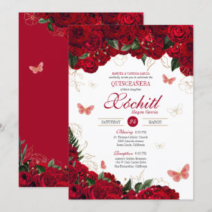 Invitación Mariposa floral roja y dorada elegante Quinceanera