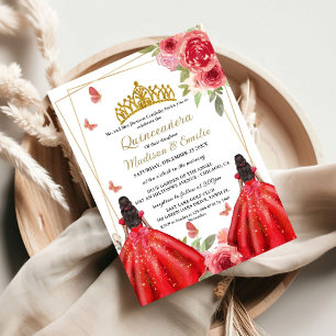 Invitación Mariposa floral roja y dorada gemela quinceanera