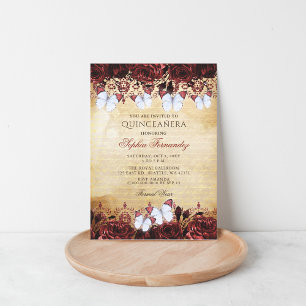 Invitación Mariposa Floral Rojo Vintage Quinceañera