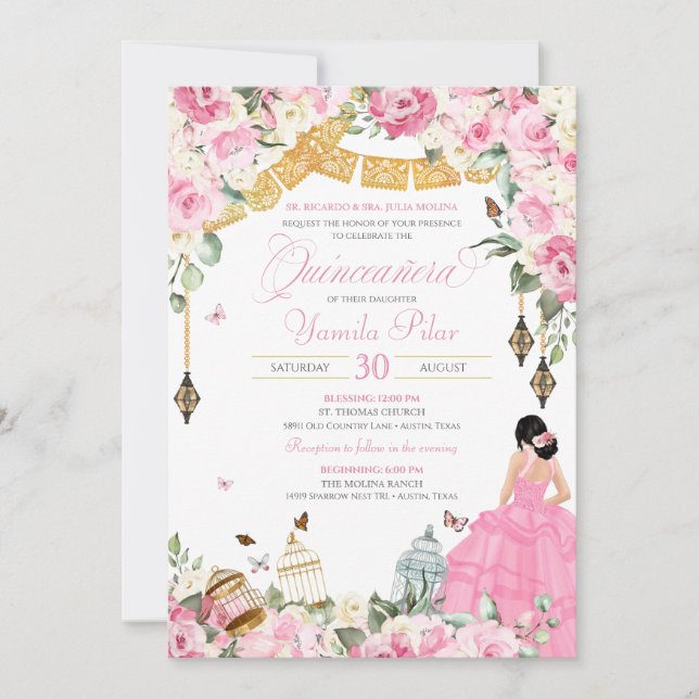 Invitación Mariposa Floral Rosa Blanco Elegante Quinceanera 1 (Anverso)