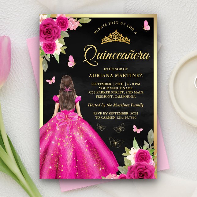 Invitación Mariposa floral rosa caliente Quinceanera de oro n (Subido por el creador)