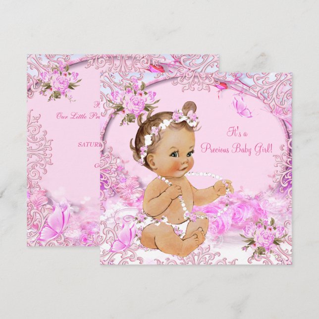 Invitación Mariposa floral rosa de Baby Shower, Chica preciad (Anverso / Reverso)