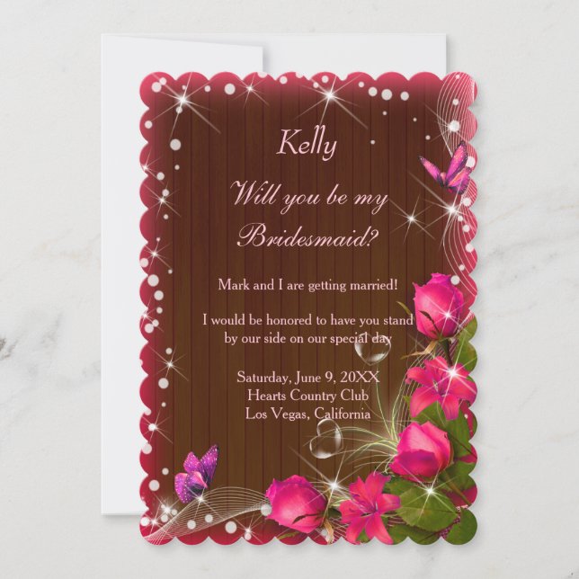 Invitación Mariposa floral rosa de madera oscura rustica (Anverso)